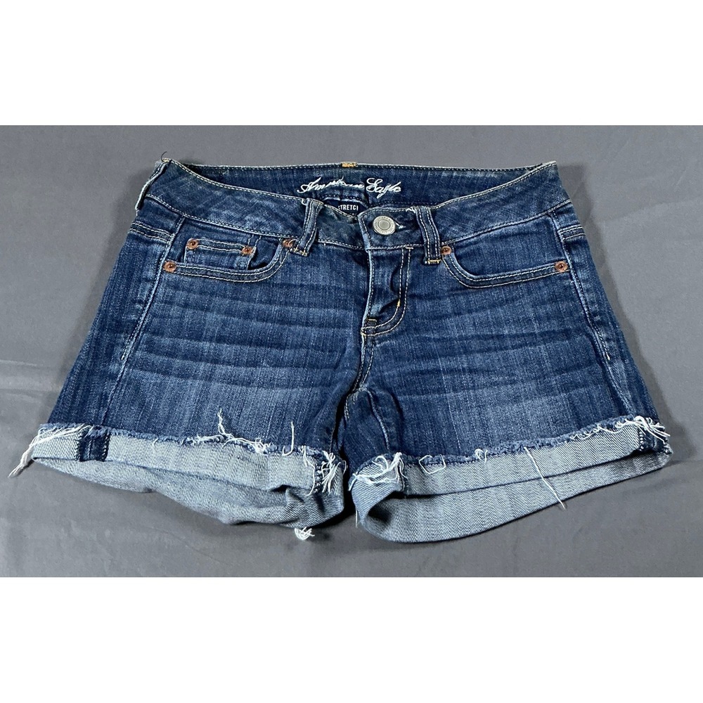 American Eagle‎ Stretch Denim Shorts Dark Raw Hem Size 0 Low Rise Distressed VTG